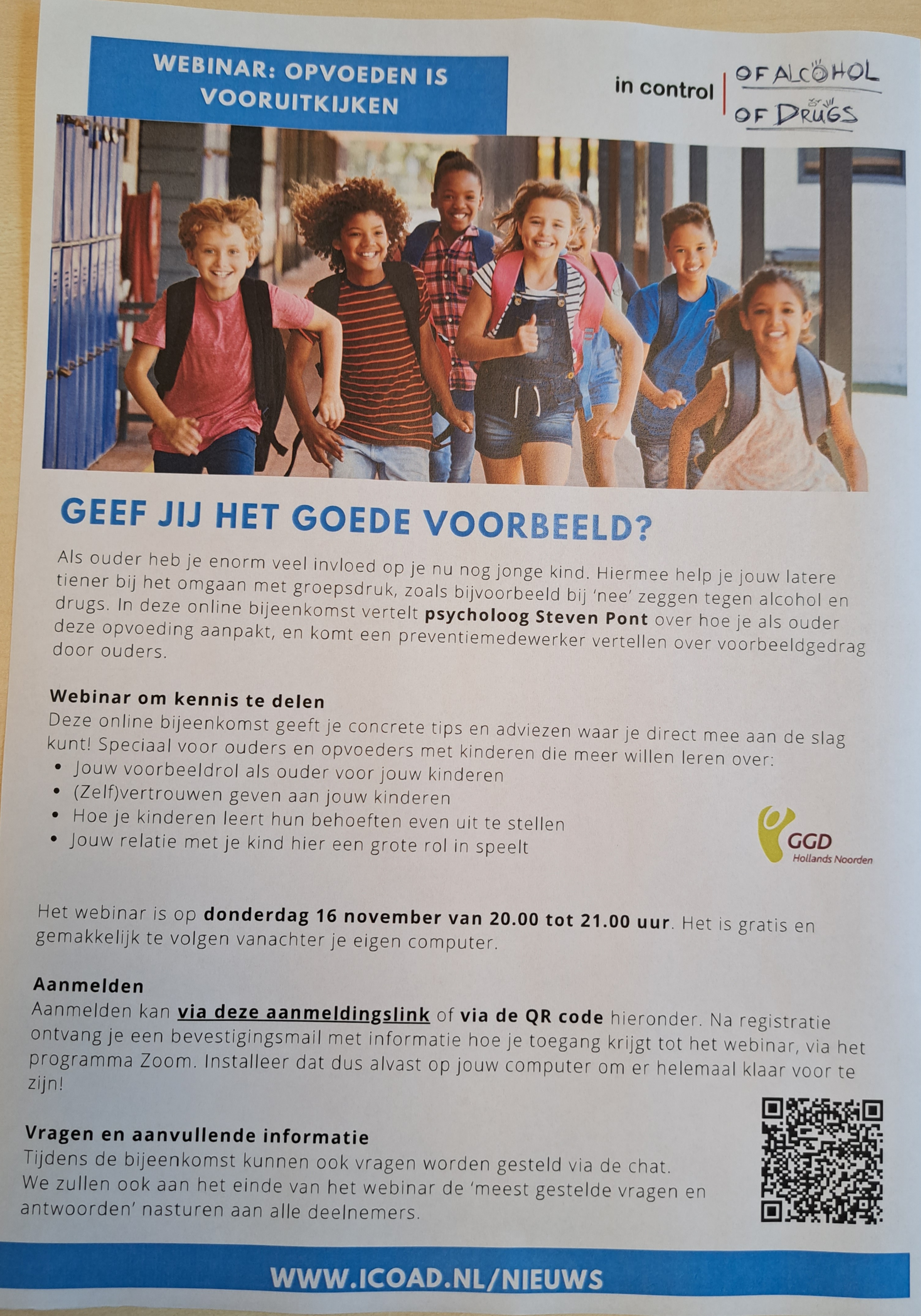 Donderdagavond 16 november a.s. van 20.00-21.00 uur de online bijeenkomst: Opvoeden is vooruit kijken!